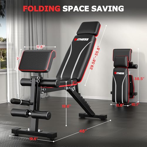 Foldable Workout Bench, Adjustable Weight Bench for Home Gym, Multi Functional Gym Bench w/Leg Extension &Preacher Pad, Extra Headrest, Fast Folding Strength Training Incline Sit up Bench 800LB
