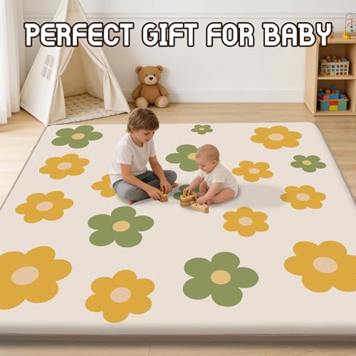 Baby Play Mat for Floor, 1.3-Inch Thickened Foam Soft Padded Playmat for Tummy Time, 59x79 Water-Repellent Coral Velvet Playpen Mat for Toddlers Infant Kids, Floral Prints