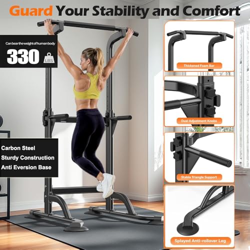 GarveeLife Power Tower - Pull Up & Dip Station for Home Gym, Heavy Duty 330Lbs Free Standing Workout Equipment With Adjustable Height 65"-82.7", Multi-Grip Bars, for Chin-Ups, Push-Ups, Leg Raises