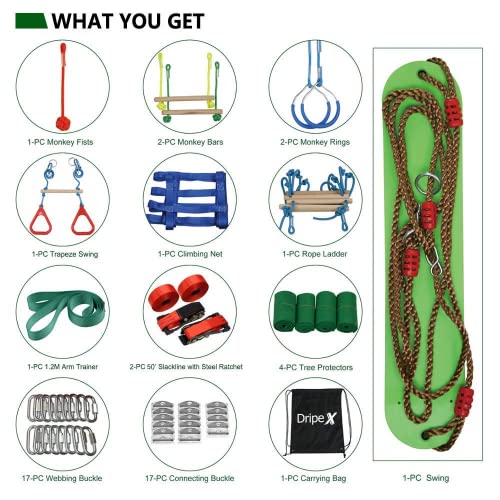 Ninja Warrior Obstacle Course for Kids Backyard - 2Ć50ft Slackline Kit with 10 Most Complete Accessories for Boys & Girls, Swing, Rope Ladder, Gymnastic Ring, Climbing Net, Arm Trainer and Monkey Fist