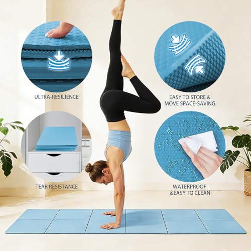 Foldable Yoga Mat Thick Non-Slip Exercise Mat - Packable Travel Fitness Mat with Carrying Bag for Yoga, Pilates, Workout, Home & Gym - color: blue