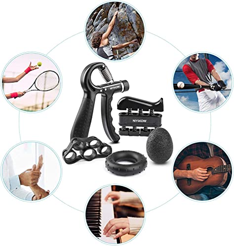 NIYIKOW Grip Strength Trainer Kit With Counter (5 Pack) - Adjustable Hand Strengthener, Counting Strength, Finger Trainer, Exerciser, Ring & Stress Relief Ball With Carry Bag