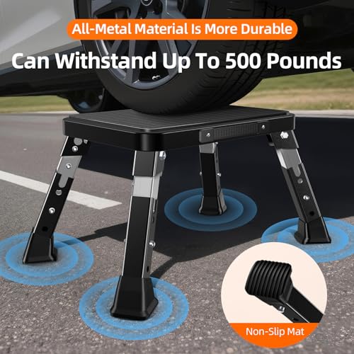 Foldable RV Step Stool, Adjustable Height 6.7-9.1in,Heavy Duty Metal Step Ladder with Wide Non-Slip Platform, Portable for Camping Home Office Use,Single Step Stool Supports 500lbs(Black)