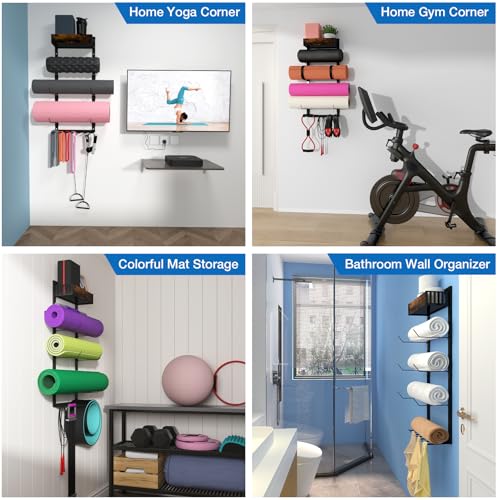 Yoga Mat Holder Wall Mount - Tool-free Adjustable Yoga Mat Rack Shelf, All-in-one Foam Roller Holder for Resistance Bands & Blocks, Space-saving Home Gym Organizer for Small Space Training Storage