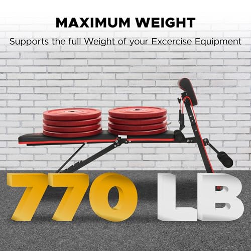 Multi-functional folding weight bench, adjustable weight bench, with 7 positions backrest adjustment and 2 training straps, 600 lbs capacity, suitable for full body workouts