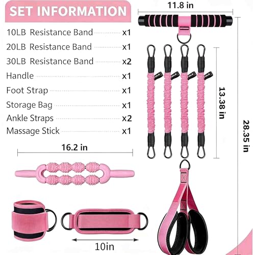 Pedal Resistance Band with Handle, 4 Fabric Covered Tubes 10-90 lbs Exercise Bands with Ankle Straps, Includes Massage Roller & Carry Bag, Full Body Home Gym Workout Equipment for Women and Men