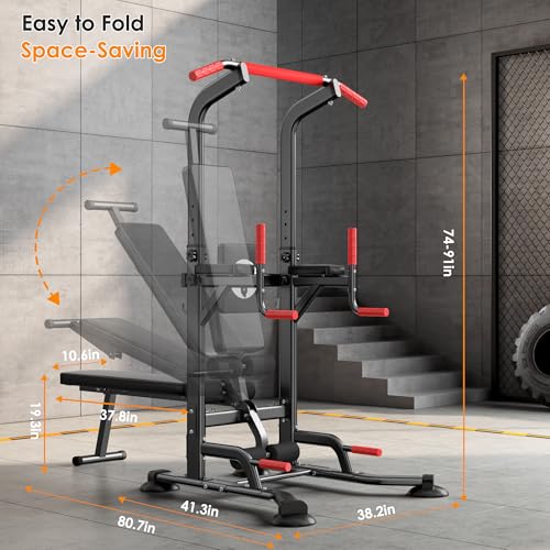 soges Pull Up Bar Dip Station, Power Tower with Folding Dumbbell Bench & Backrest, Adjustable Height Pull Up Bar Stand, Multi-Function Home Gym Strength Training Fitness Equipment 330LBS