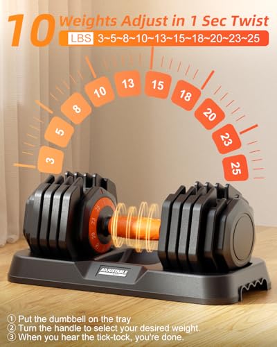 2026 Upgrade Adjustable Dumbbell Set 25lb/50lb, Small Increment in 3-6lb, 1 Hand Quick-Dial, 10-in-1 Adjustable Dumbbells with Tray, Anti-Slip Grip for Home Gym HIIT Strength Training - color: 25LB Pair
