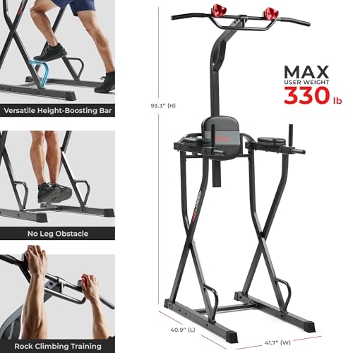 Sunny Health & Fitness Power Tower Dip Station & Pull-Up Bar, Multi-Function Strength Training Equipment with Captain’s Chair, Push-Up Bars & Core Workout for Home Gym