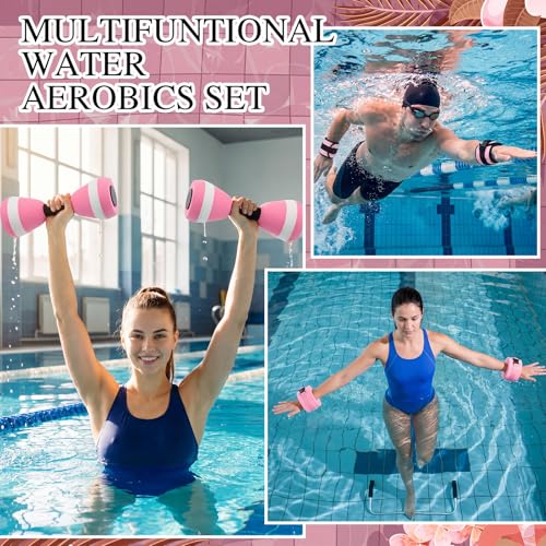7 Pcs Aquatic Exercise Set Water Aerobics Set Including 2 Ankle/Wrist Weights for Land or Water 2 Exercise Foam Dumbbells Cuffs Large Mesh Beach Bag for Pool Weight Loss