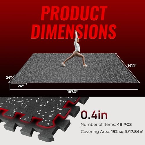 SUPERJARE 0.4'' Thick 48 Pcs 192 Sq Ft Rubber Top Exercise Equipment Mats, High Density EVA Foam Mats with Rubber Top, Interlocking Gym Flooring for Home Gym, Protective Workout Mat, Black/Grey - size: 48 Tiles (192 Sq Ft)