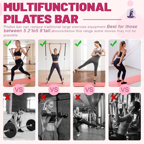 Pilates Bar Kit with Resistance Bands and Yoga Mat, Adjustable Metal Bar Portable Home Fitness Set for Women Full Body Workouts, Core, Strength, Stretching and Pilates Training
