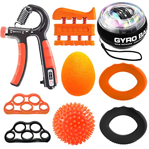 Hand Grip Strengthener Workout Kit (10Pcs) Hands Grip Strength Trainer, Forearm Gripper, Finger Exerciser Stretcher Wrist Ball, Stress Relief Ball for Men and Women, Injury Recovery