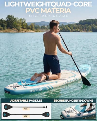 11'6"x35" Inflatable Paddle Board, 450lbs Extra Wide Stand Up Paddleboard for Adults with Premium SUP Accessories Kit & Backpack, Blow Up Kayak Non-Slip Stable Deck Boat for Yoga Fishing Surf - style: Light Wood Grain/kayak seat