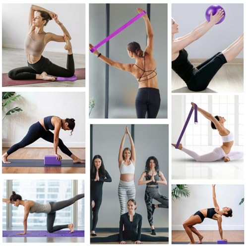Foldable Yoga Mat and Blocks Set for Women with 2 Pack Yoga Blocks and Strap,Thin Non Slip Pilates Mat with Bag, Home Workout Equipment Essentials Starter Kit for Beginners Full Body Toning - color: Purple