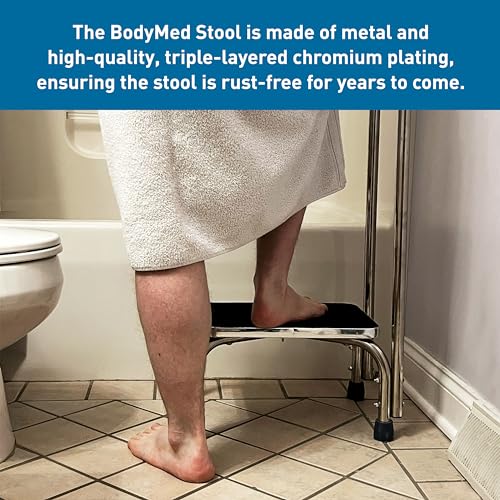 BodyMed Heavy-Duty Foot Step Stool with Handle and Non-Slip Rubber Platform for Seniors & Adults – Holds up to 300lbs, 9 ½ in. Step Up, 18”L x 11.5”W x 34”H - color: Chrome With Handle