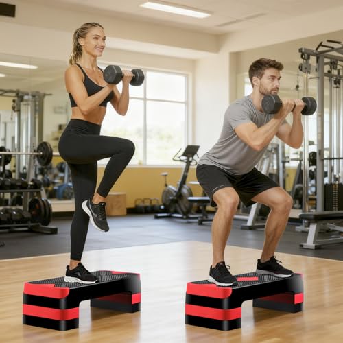 HomGarden Adjustable Workout Aerobic Stepper in Fitness & Exercise Step Platform Trainer Stepper w/Risers Adjust 4"-6''-8'' - color: Red