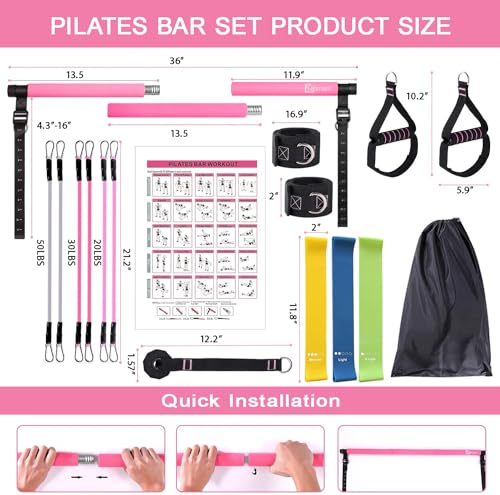Pilates Bar Kit with Resistance Bands,Pilates Bar with Stackable Bands Workout Equipment for Legs,Hip,Waist and Arm,Exercise Fitness Equipment for Women & Men Home Gym Yoga Pilates - color: Baby Pink