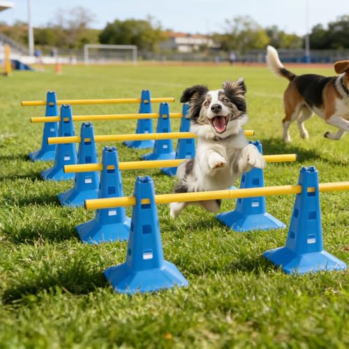 Dog Agility Hurdle Cone Set, Dog Agility Course Backyard Set with Height Adjustable Crossbar for Rehabilitation & Beginners, Dog Agility Equipment for Obstacle Courses,4 Height Levels (10 Pack