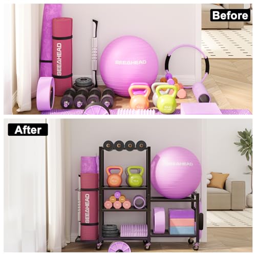 6-Tier Home Gym Storage Rack with Wheels, Dumbbell Weight Rack and Yoga Mat Organizer, Multi-Purpose Gym Equipment Storage Stand for Home Gym Accessories