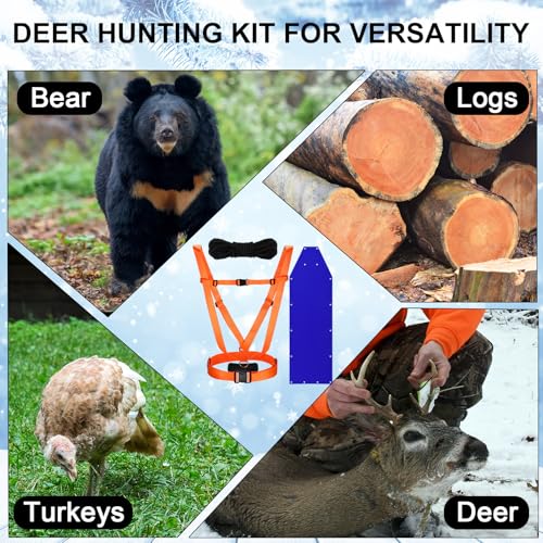 1 Pcs Dual Harness Deer Drag Harness and 1 Pcs Drag Sleds Heavy Duty Deer Dragging Strap with 2 Rope, Hunting Equipment for Hauling Elk Turkeys Game Animals(Tapered End,Blue)