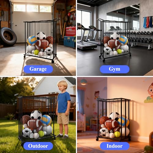 Large Garage Ball Storage Rack with Wheels for Basketball & Soccer - size: Large size