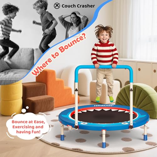 Premium 3FT Foldable Toddler Trampoline for Kids Ages 3-6, 36 Inch ASTM Certified Mini Trampoline with Adjustable Handle, 100 lbs Capacity, Quiet Elastic Bands, Safe for Indoor Outdoor Use - style: Shark