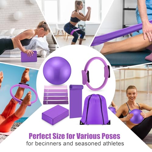 10 Pcs Pilates Ring Blocks Set for Women Home Yoga Equipment Accessories Pilates Ring Circle and Ball Workouts Gift Include Ball Yoga Circle Resistance Bands Block Straps Gym Bag - color: Purple