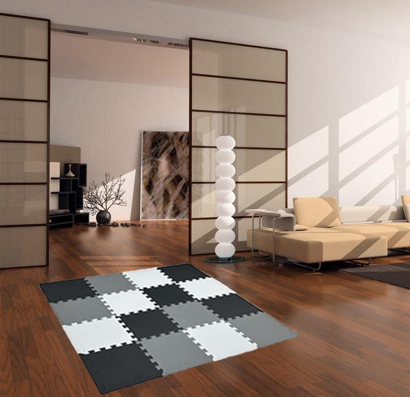 16 Pieces Foam Play Mat with Border, Interlocking Playmat Tiles, Foam Floor Mat Tiles, Puzzle Play Mats, Exercise Gym Mats – Color of Black & Grey & White