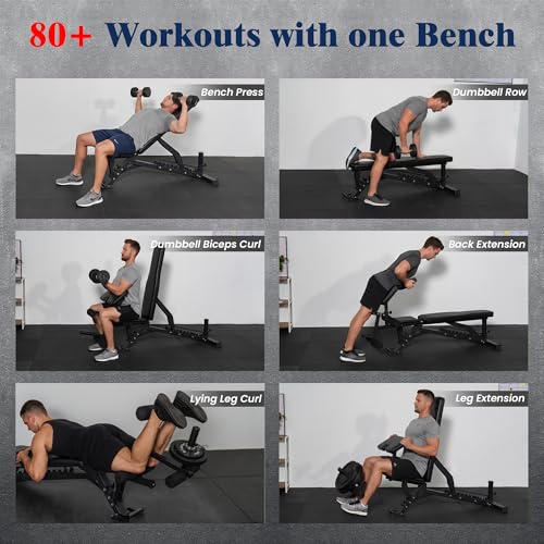 Adjustable Weight Bench, Adjustable Flat Incline Decline Home Gym Bench, Heavy-Duty 12-Gauge Steel Frame with Leg Extension and Preacher Pad for Small Space Apartment Room