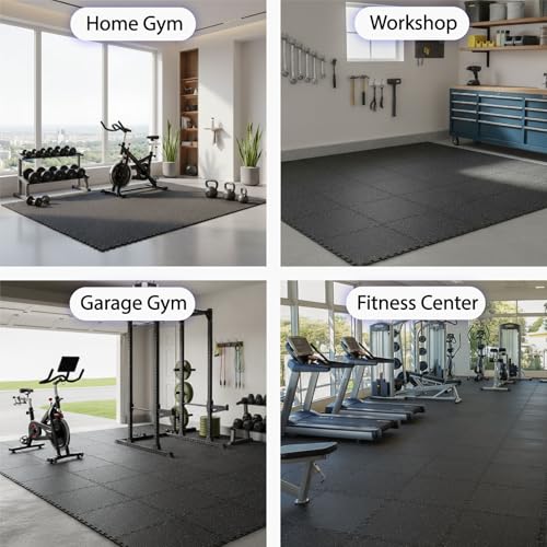 AIRHOP 1'' Ultra-Thick 24 Sq Ft Rubber Top Gym Flooring for Home Gym, 6 Tiles High Density EVA Foam Exercise Mats, Interlocking Puzzle Mats for Home Workout, Floor & Equipment Protection, Black/Blue