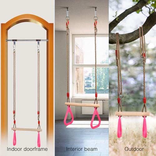 PELLOR Trapeze Bar Gym Rings -Trapeze Swing Bar for Playground Wooden Swing Set with Adjustable Rope Kit Equipment for Children Adult - color: Pink