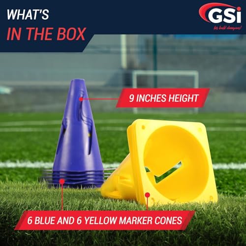 GSi Agility Training Wind-Resistant Cones/S-Slit Design, 12 Cones in 2 Colors /9 Inch Height/Cones for Training, Sports Drills & Field Marking