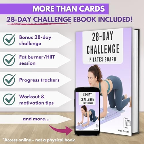 Pilates Board Workout Cards – 67 Exercise Cards with Videos & Workout Plan - Includes 5-Week Challenge, Ebook, Progress Chart & 2 Rings for Easy Organization - Home Portable Reformer Guide for Women