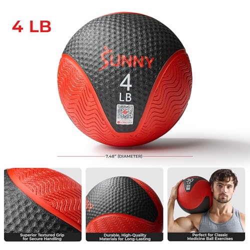 Sunny Health & Fitness Medicine Ball, Textured Rubber, Core Strength & Balance Training, Bouncing, Weight for Home Workouts 4,6,8,10,12,15,20,25,30LB Options