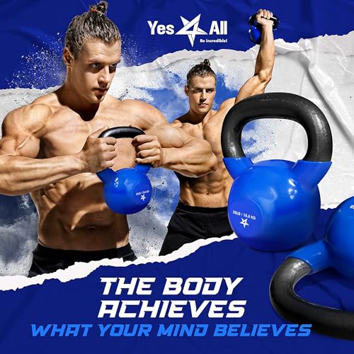 Yes4All Kettlebell, 5-100 LB Vinyl Coated Cast Iron Strength Training Kettlebells for Home Gym Exercises, Fitness, Full Body Workout Equipment, Push Ups, and Grip Strength - color: E. 25LB - Dark Blue, style: Vinyl Coated