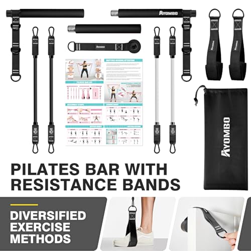 Pilates Bar Kit with Resistance Bands, Pilates Workout Equipment for Legs, Hip, Waist, Arm, Squats Exercise Equipment for Home Workouts, Adjustable 3-Section Pilates Bar Kit for Women & Men