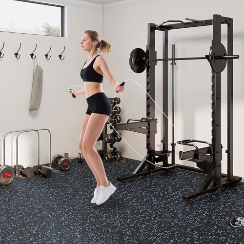 Giantex 12-Pack Interlocking Rubber Gym Floor Mats, 0.79'' Thick 24''x24'' Puzzle Tiles with Border Strips, 48 sq.ft Anti-Slip, Noise-Reducing Flooring for Home Workout Exercise (Black/Blue Speckled) - size: 0.79'' | 12 Tiles | 48 Sq Ft