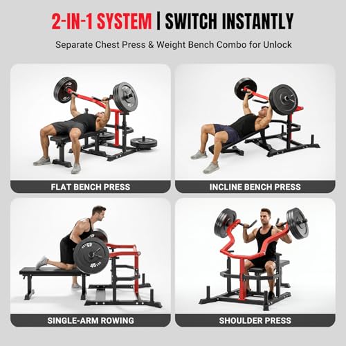 YOLEO Chest Press Machine, 1100LBS Bench Press Machine with Separate Press Station & Adjustable Weight Bench, Independent Converging Arms - color: Red-Black 2.0