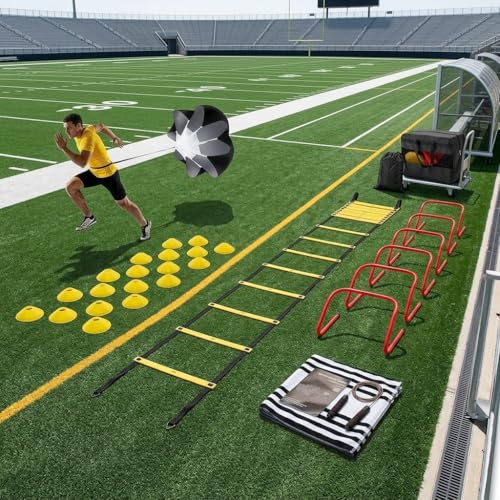 Agility Ladder Training Set - Yellow Speed & Footwork Training Equipment for Sports, Fitness, and Soccer - Includes Parachute, Hurdles, Cones, Jump Rope, and Carry Bag