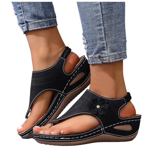 Women's Split Toe Wedge Sandals Floral Decor Elastic Back Strap Arch Support Orthopedic Non Slip Soft Insole Wide Width Breathable Casual Comfortable Shoes Summer Beach Vacation Party Walking Sandal