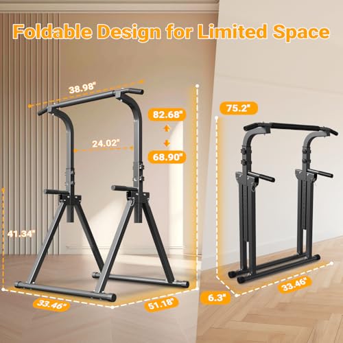 Foldable Pull Up Bar Free Standing Multi-function Power Tower Dip Bar with Assistance Bands Home Gym Strength Training Equipment