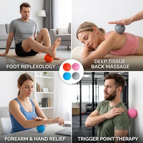 4-Pack Spiky Massage Balls, Massage Ball for Feet, Back, Feet, Hands, Muscles, Soft Spiked Massager Rollers for Plantar Fasciitis Relief, Myofascial Release, Acupressure and Stress Relief, 2.7 Inch