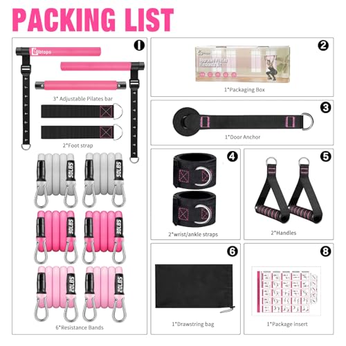 Pilates Bar Kit with Resistance Bands,Pilates Bar with Stackable Bands Workout Equipment for Legs,Hip,Waist and Arm,Exercise Fitness Equipment for Women & Men Home Gym Yoga Pilates - color: Hot Pink