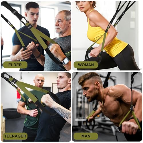 Home Resistance Training Kit | Full-Body Workout with Suspension Trainer Straps, Door Anchor, Handles, and Carrying Bag | Complete Home Gym Equipment - color: Army Green