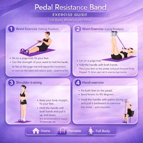 Resistance Bands with Handles, 6-Tube Pedal Resistance Band, 50-60 lbs Exercise Bands for Legs, Arms & Core, Portable Home Gym Equipment for Women & Men, Full Body Workout (Purple)