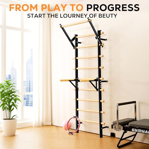 Swedish Ladder, Wood Stall Bar, Swedish ladders Wall Gym Adult, Adjustable Pull Up and Dip Station for Adults and Kids, 9-Anchor Solid Pine, Home Fitness