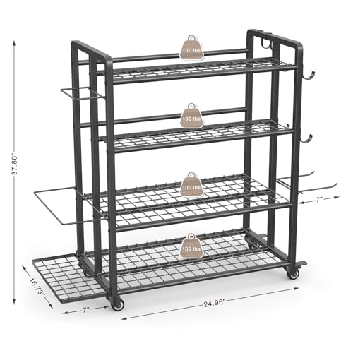 4-Tier Weight Rack for Home Gym with Wheels and Hooks - size: Large Black