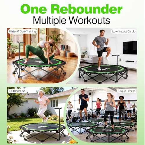 48" Foldable Mini Trampoline, 550lb Capacity Rebounder with Adjustable T-Bar for Adults, Home Gym Fitness Equipment (Black Green)