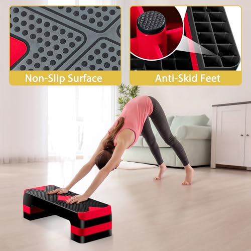 26.5" Height Adjustable Step Aerobic Platform with 4 Risers, Exercise Workout Stepper for Home Training, Gym Fitness, 4''- 6'' - 8'', 400 lbs Capacity - color: Red
